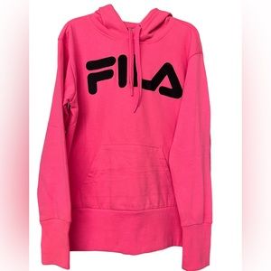 Hot Pink Fila LS hoodie with large logo in black Size Small with drawstring.